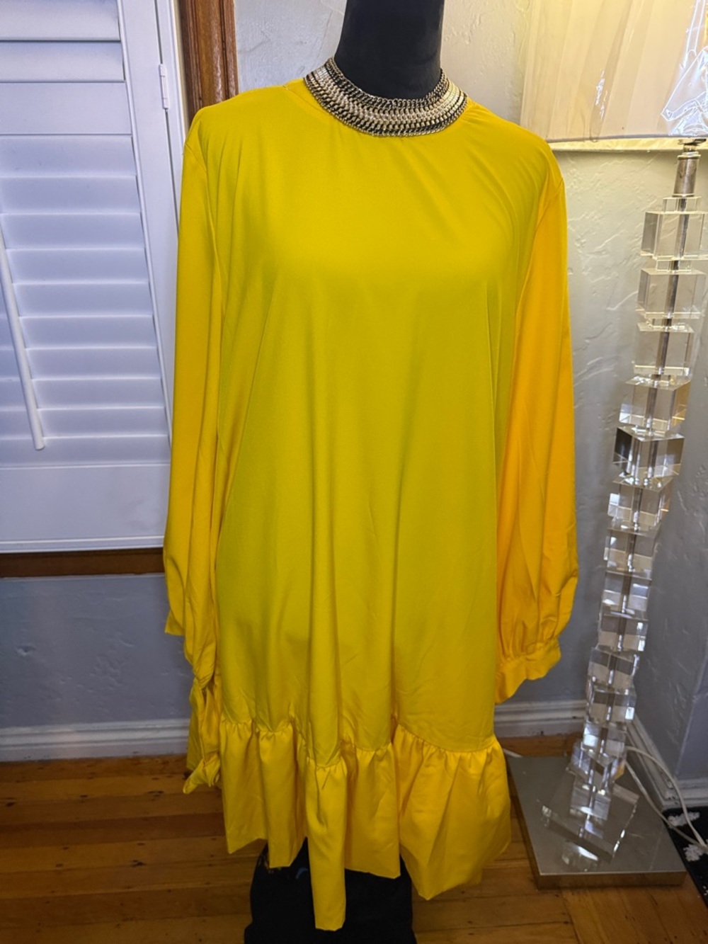 Yellow Long-Sleeve Ruffle-Hem Dress with Decorative Neckline